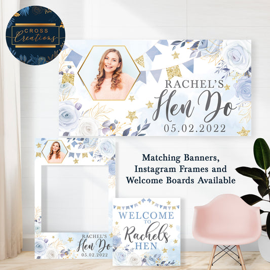 Blue Floral and Gold Personalised, Printed & Pre-Cut Instagram Photo Frame, Welcome Board or Banner