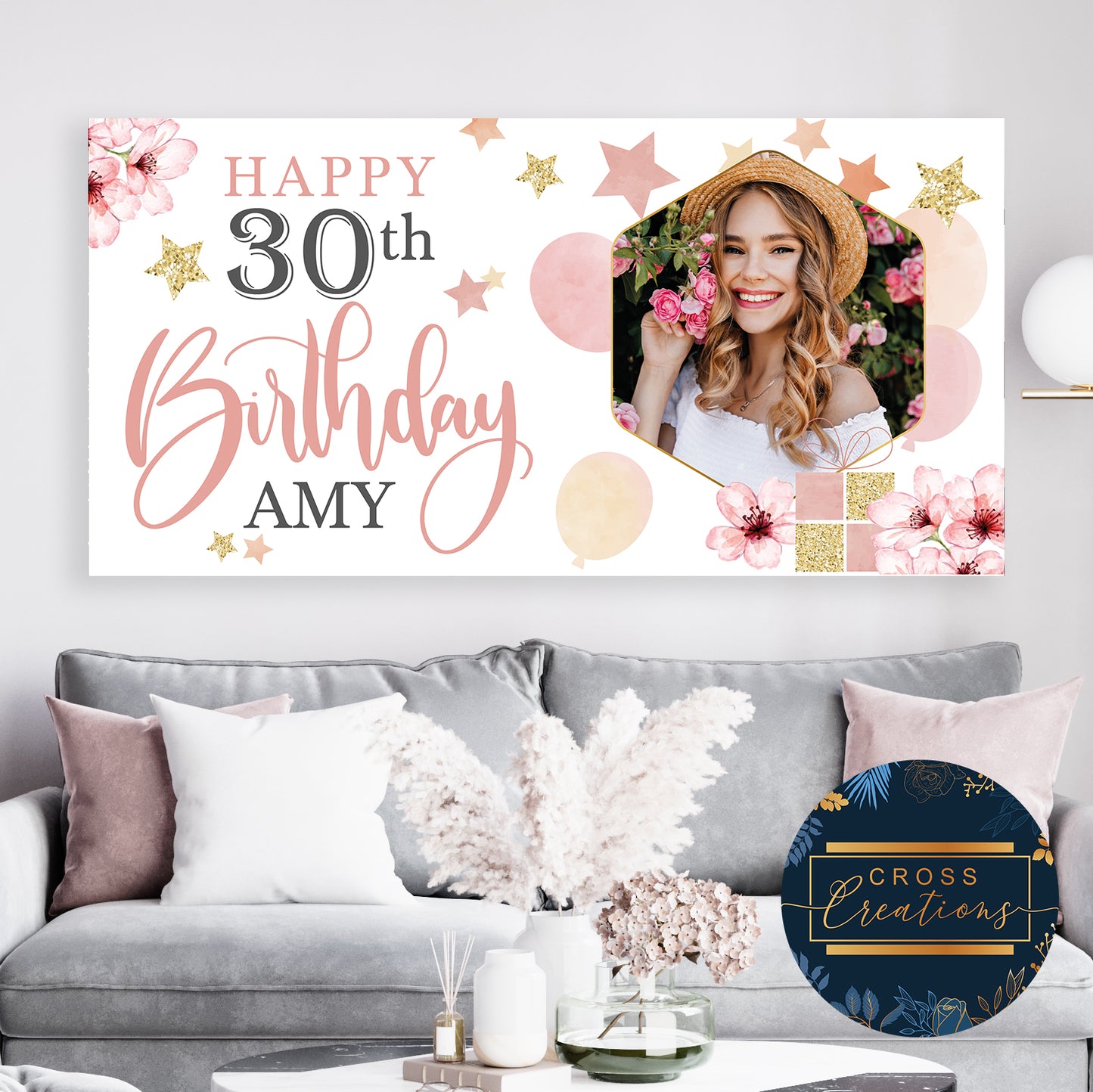 Floral & Star Pink Birthday Banner