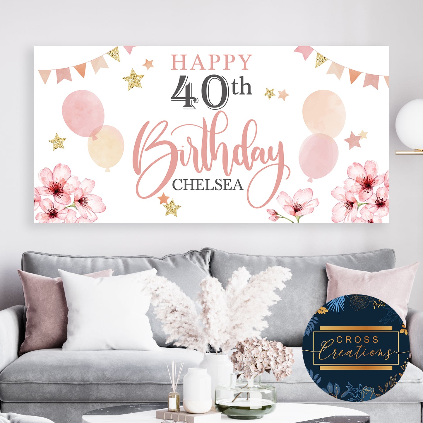 Floral & Star Pink Birthday Banner