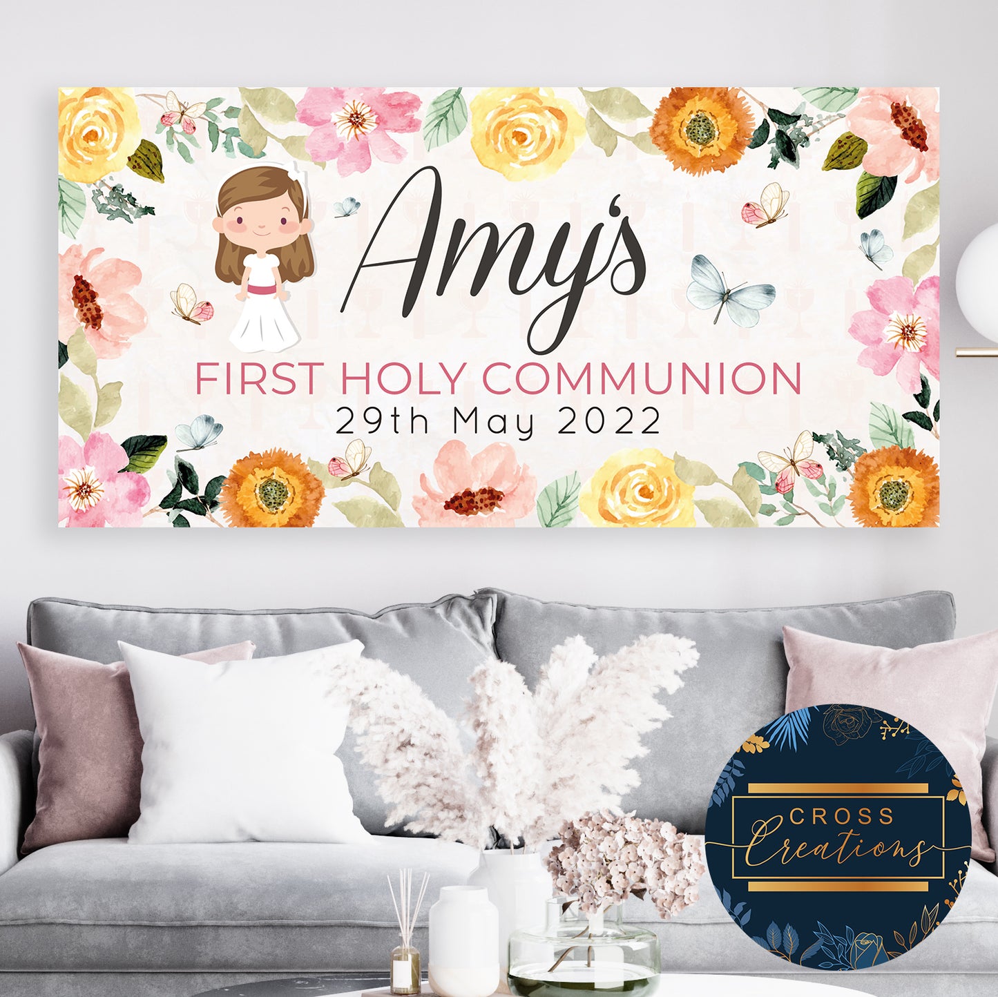 Sunny Floral Personalised First Holy Communion Banner