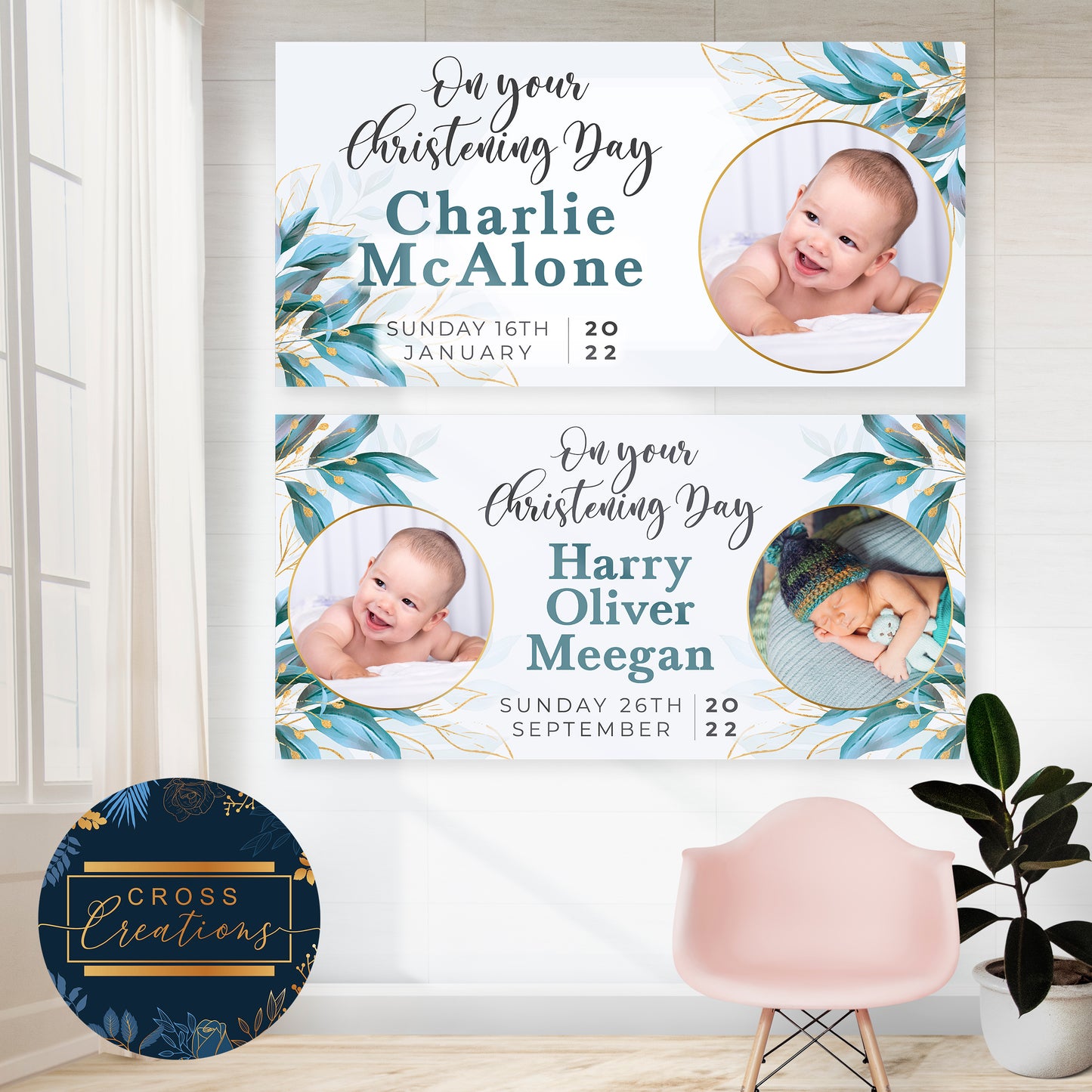 Floral & Leave Christening Banner