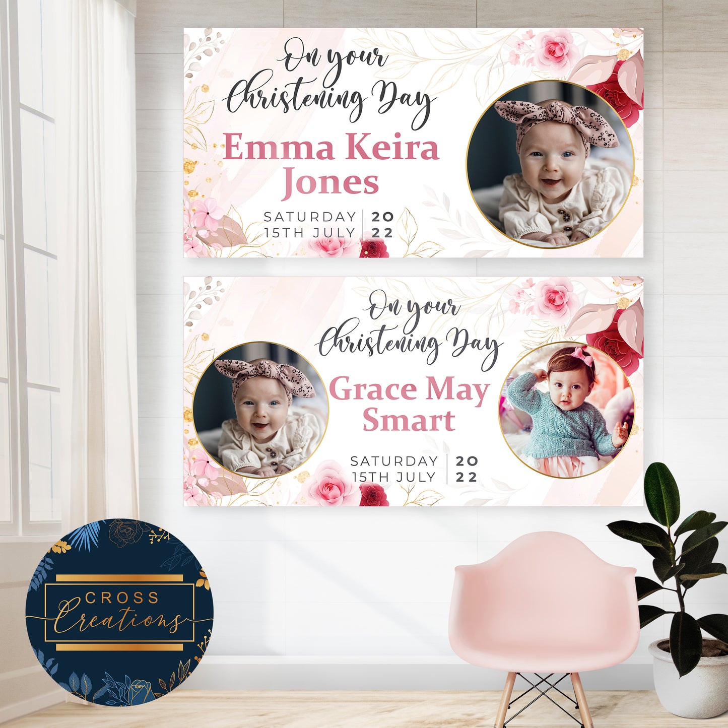 Floral & Leave Christening Banner