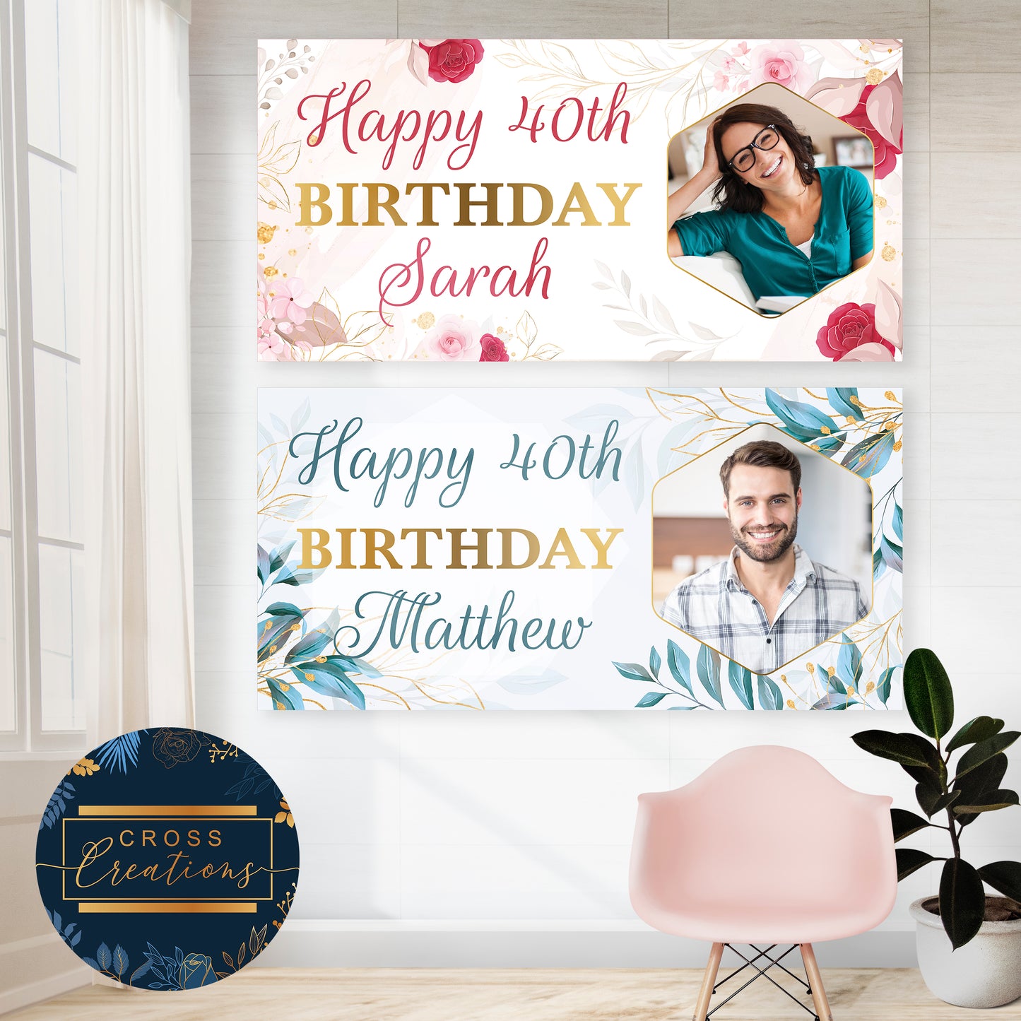 Pink Floral Blue Foliage Birthday Banner