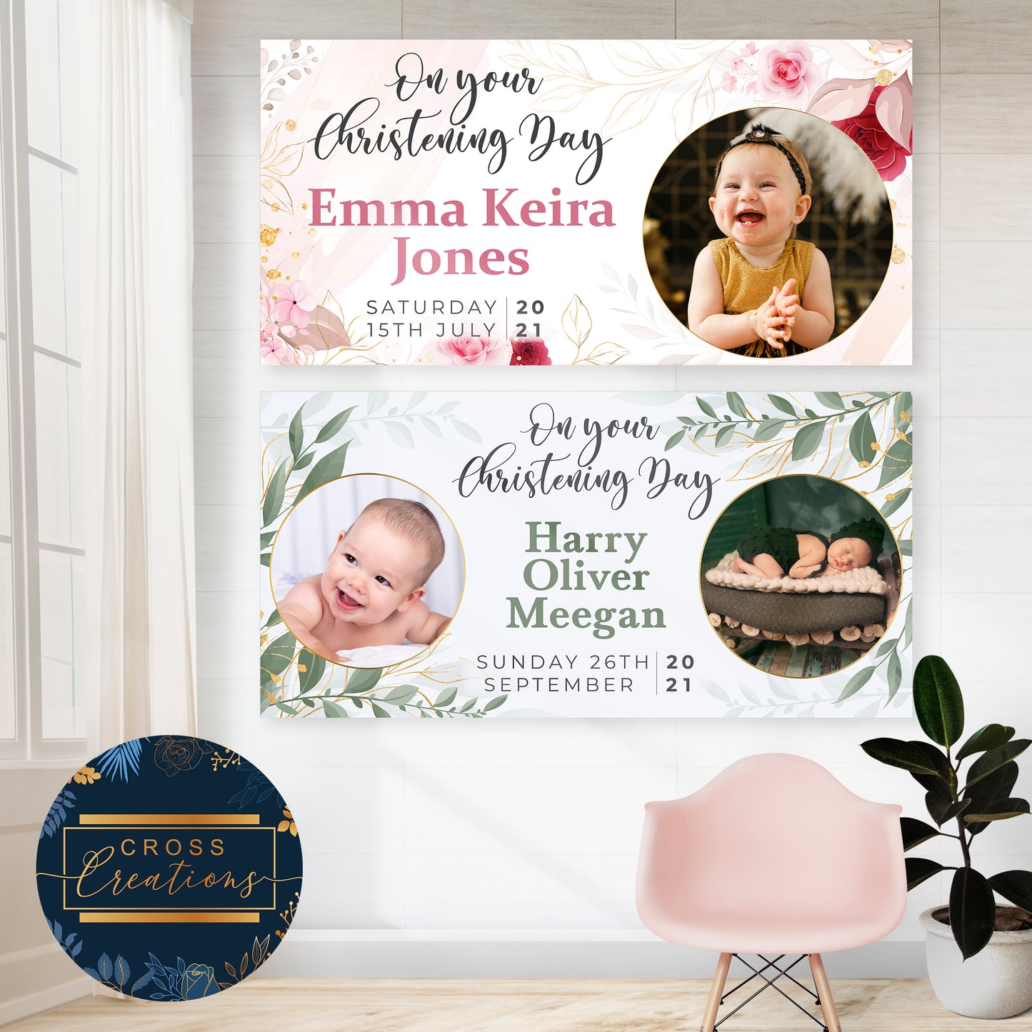 Floral & Leave Christening Banner