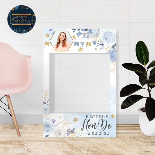 Blue Floral and Gold Personalised, Printed & Pre-Cut Instagram Photo Frame, Welcome Board or Banner