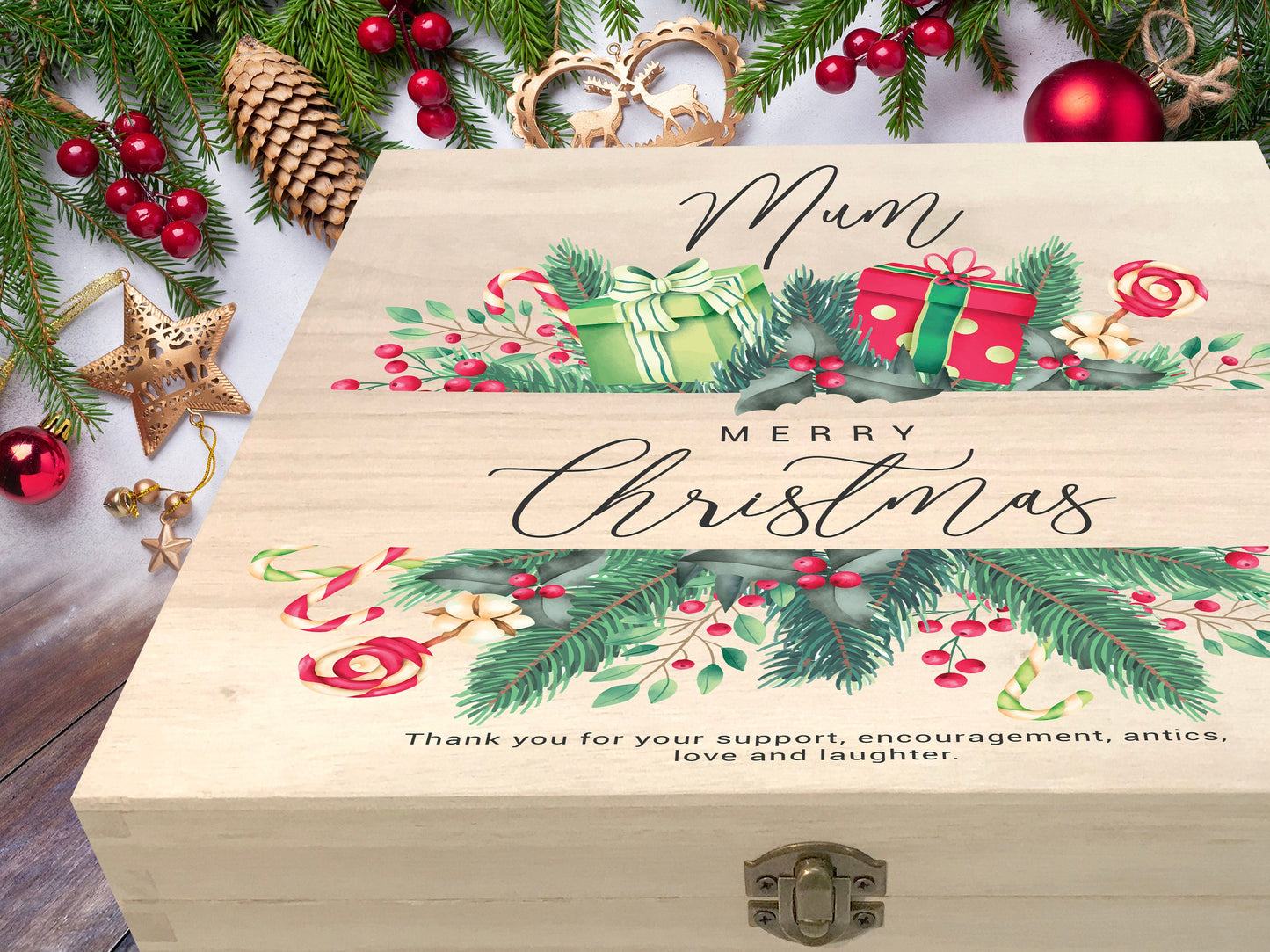 Garland, Candy Canes, Holly, Pine Cone | Personalised Wooden Christmas Eve Box