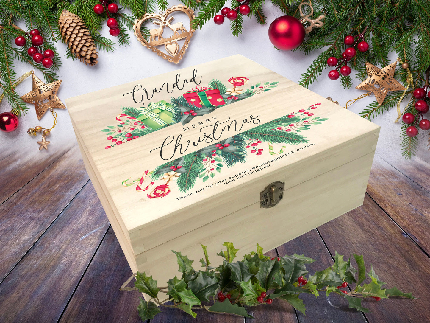 Garland, Candy Canes, Holly, Pine Cone | Personalised Wooden Christmas Eve Box