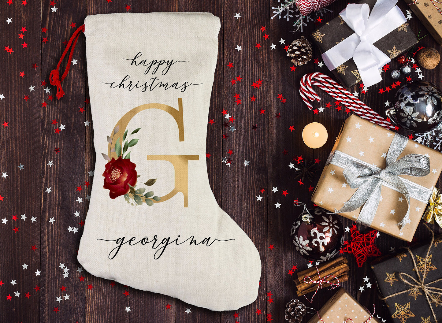 Gold Floral Initial - Santa Sack | Stocking | Personalised