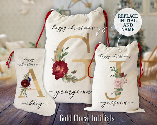 Gold Floral Initial - Santa Sack | Stocking | Personalised