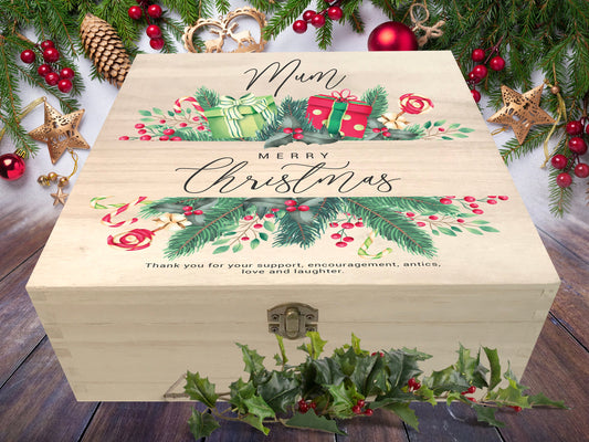 Garland, Candy Canes, Holly, Pine Cone | Personalised Wooden Christmas Eve Box