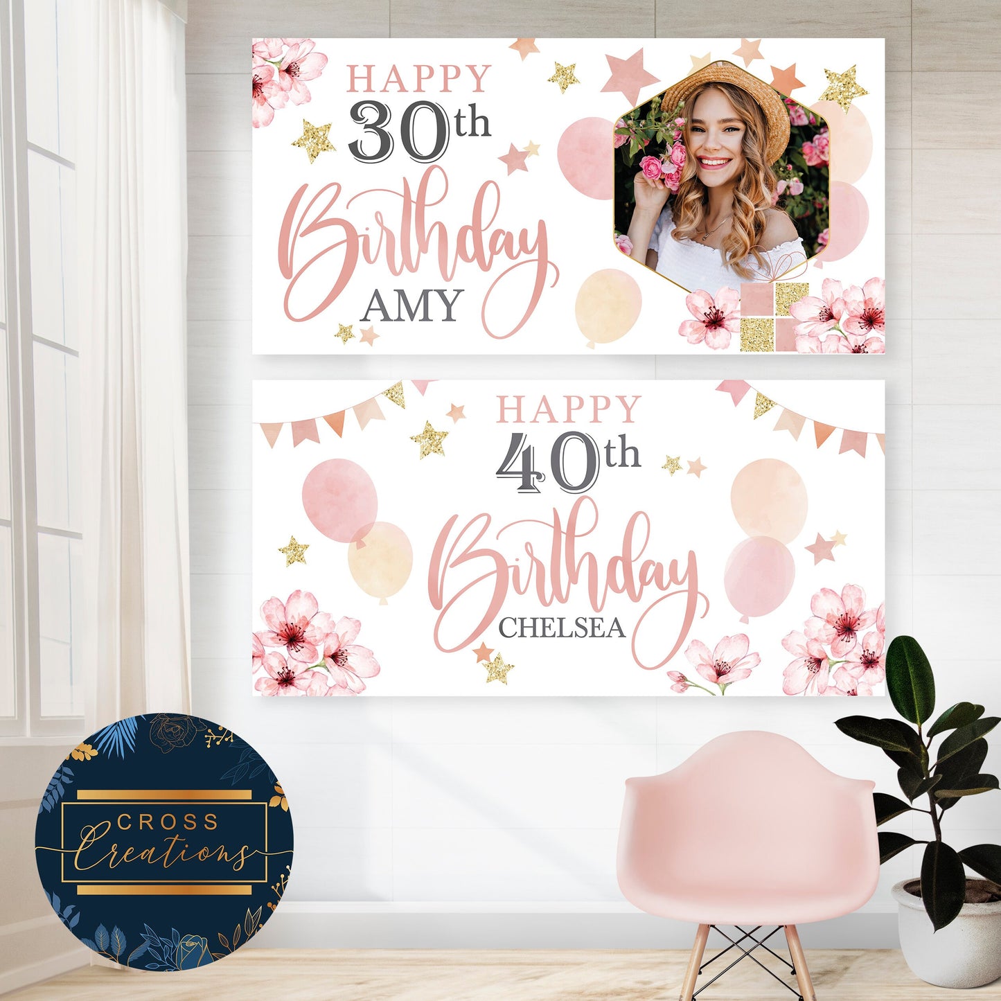 Floral & Star Pink Birthday Banner