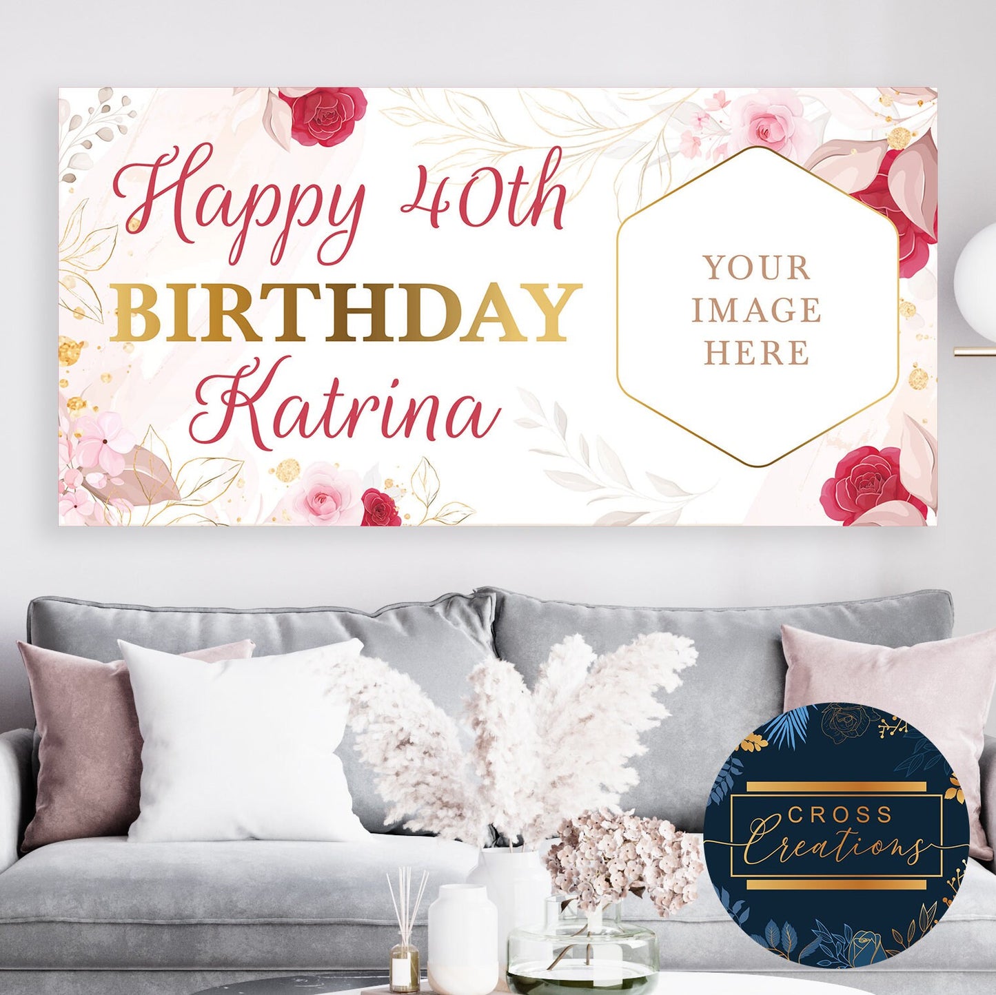 Pink Floral Blue Foliage Birthday Banner