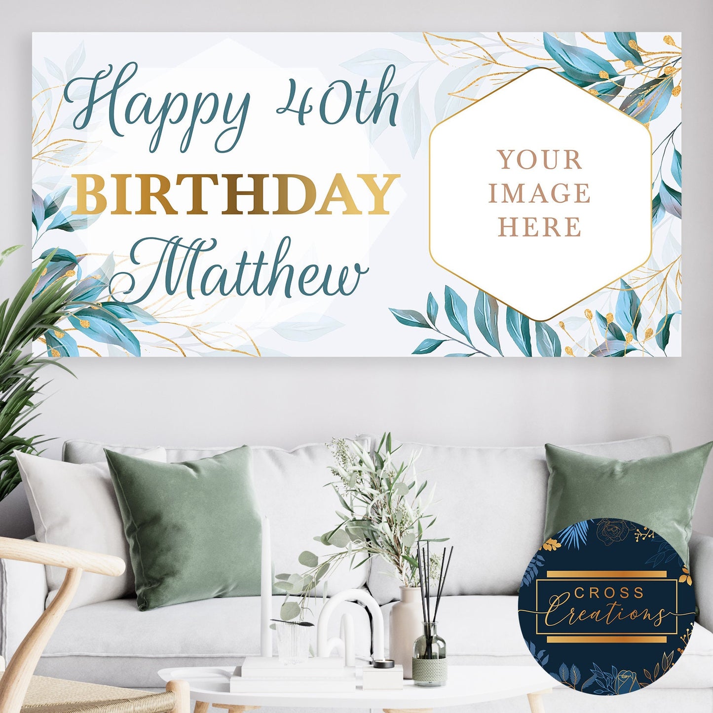 Pink Floral Blue Foliage Birthday Banner